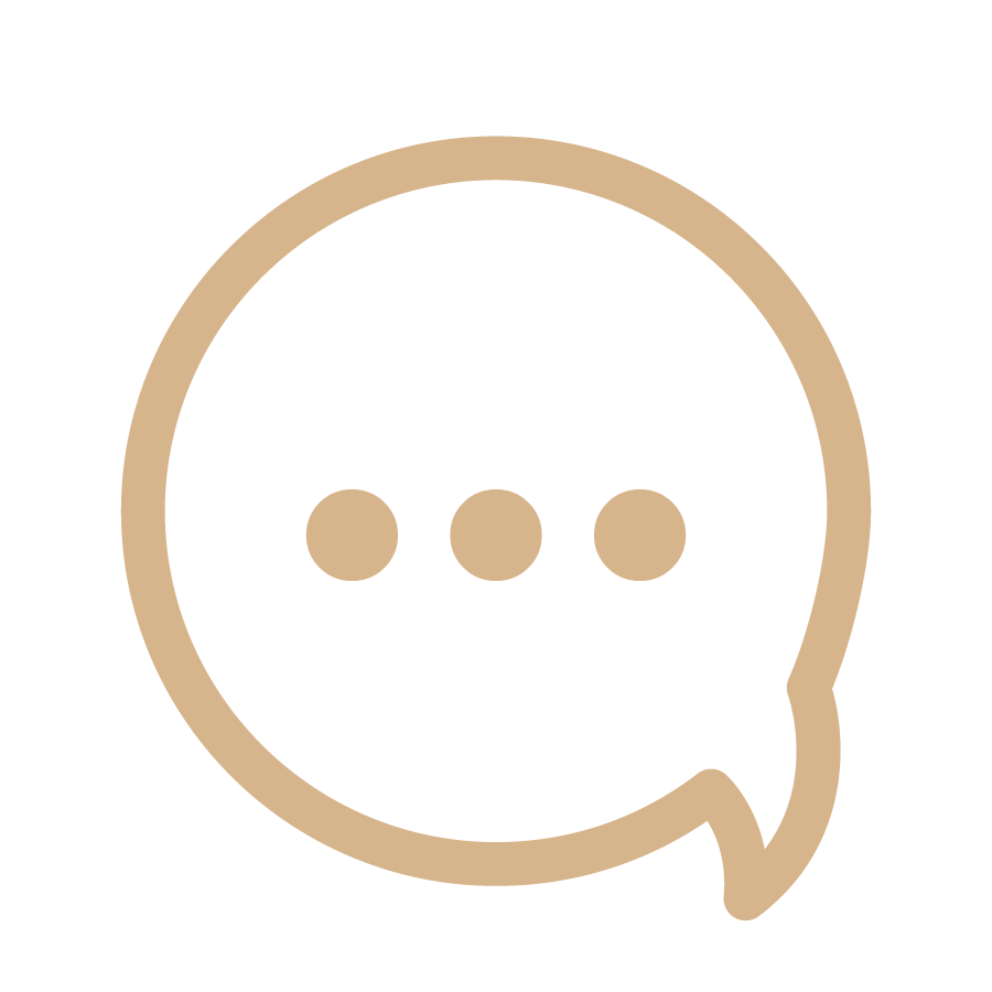 Speech bubble icon with three dots inside, beige outline on black background.