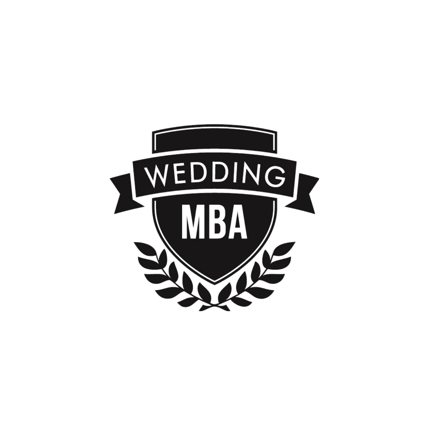 A black logo with a crest shape, featuring the words 'Wedding MBA' inside, surrounded by laurel leaves.