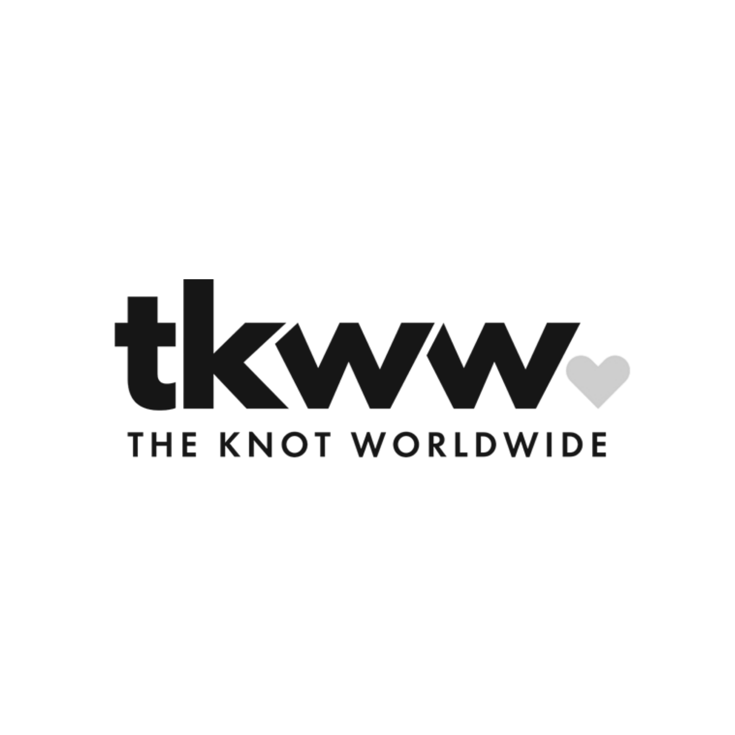 Logo for TKW, The Knot Worldwide, with black text and a small gray heart on a black background.