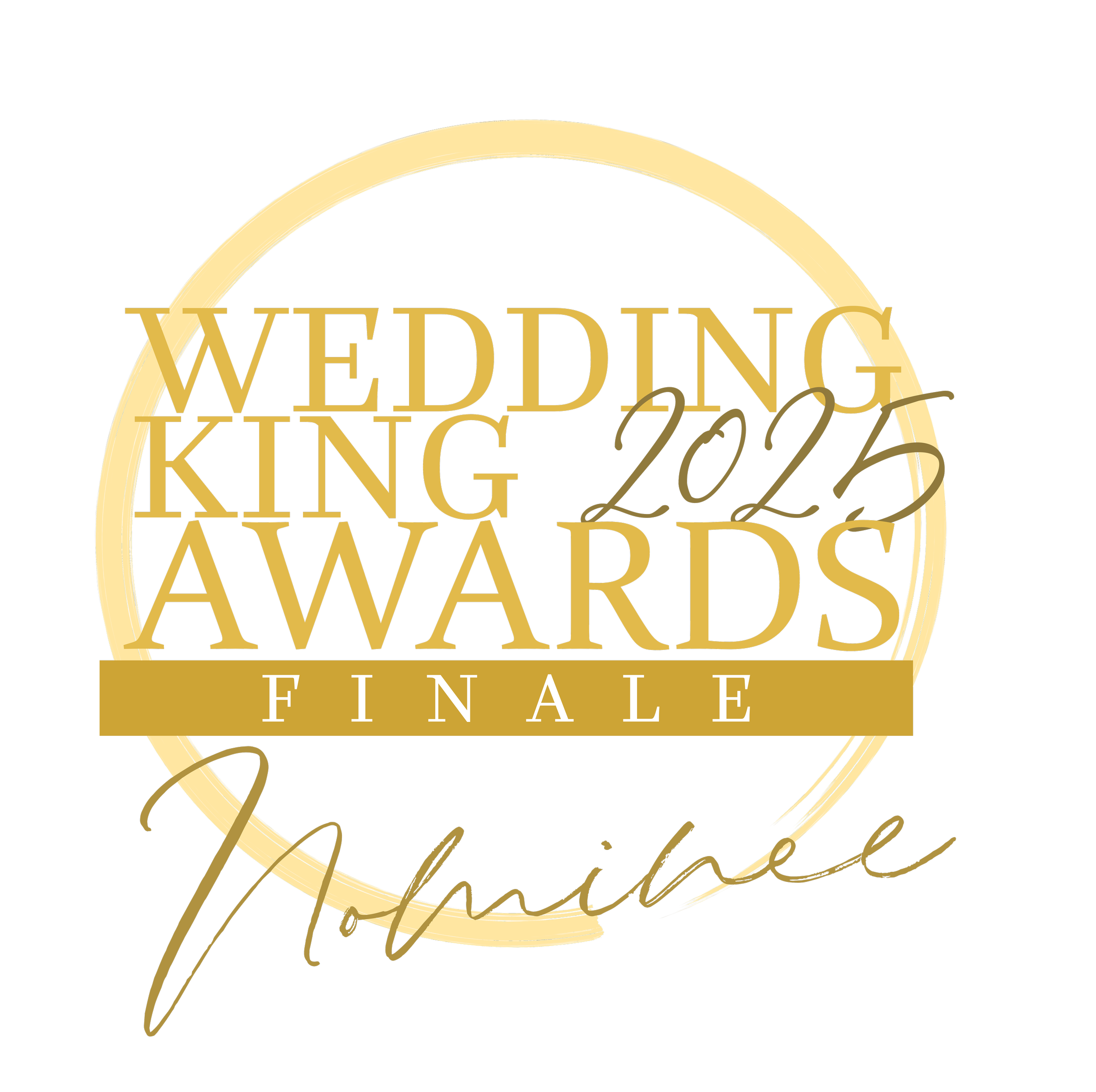 Gold and black text reading "Wedding Tying the Knot Awards Finalist" with decorative gold rings and signature-style text.