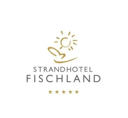 Logo for Strandhotel Fischland featuring a stylized sun and hand in gold with text and four stars.
