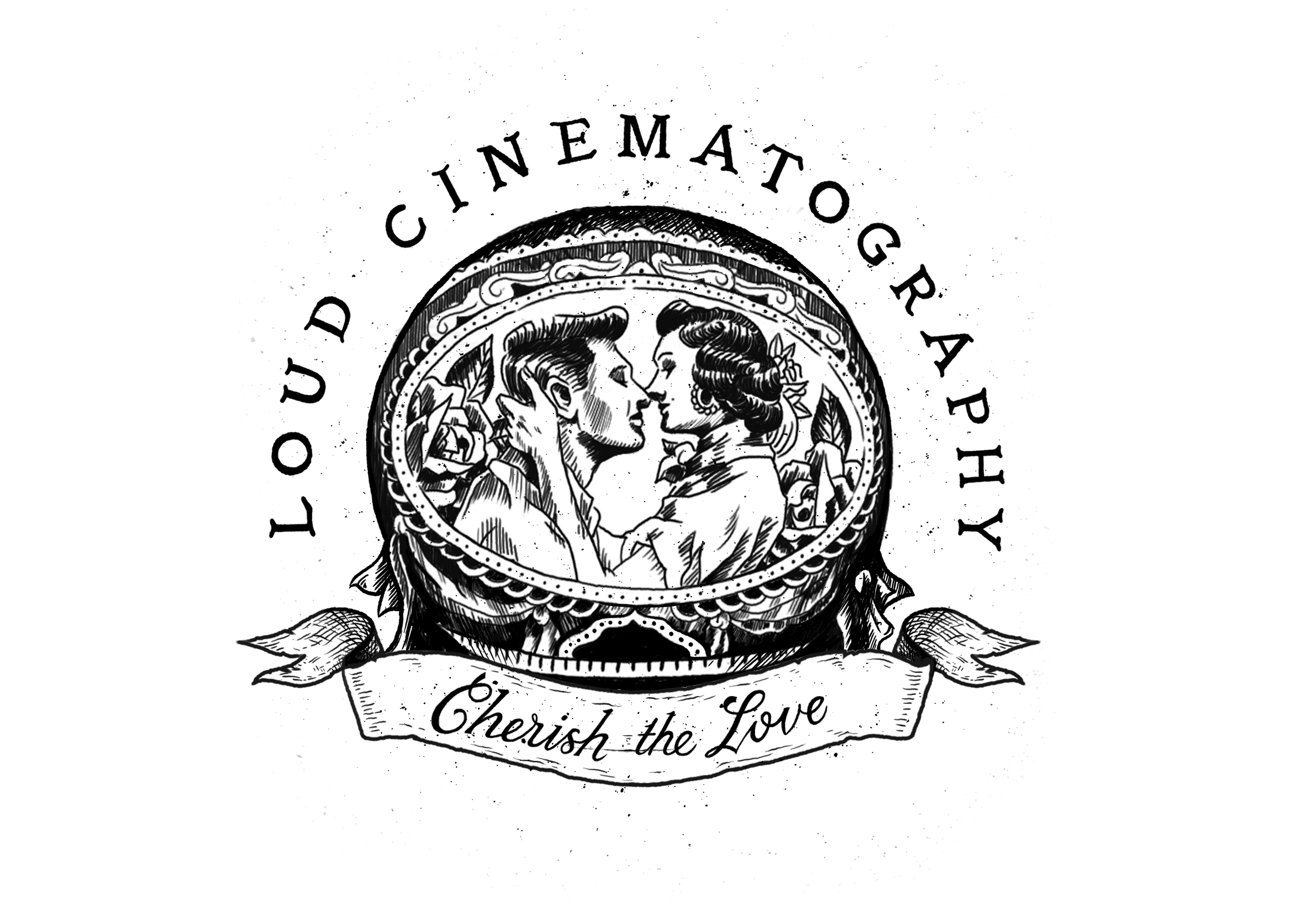A black-and-white illustration featuring a magnifying glass and the phrase 'Cherish the Love' with decorative elements.