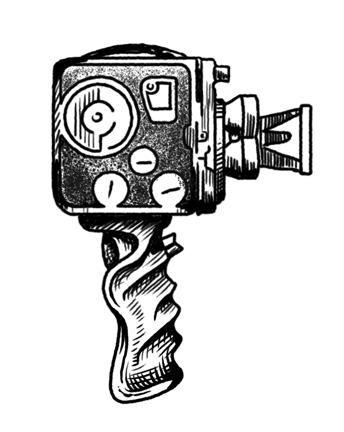 Black and white drawing of a firearm with a mounted camera or device on top.