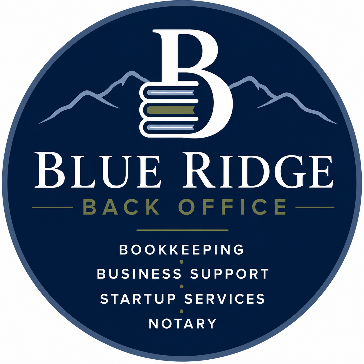 Logo for Blue Ridge Back Office featuring a stylized mountain range, a stack of books with a mountain within, and text indicating services like bookkeeping, business support, startup services, and notary.