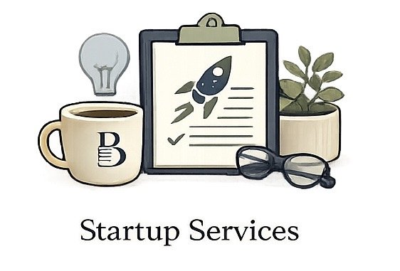 Illustration of a coffee mug, a clipboard with a rocket icon and checkmark, a lightbulb, a plant, and a pair of glasses, with the text 'Startup Services'.