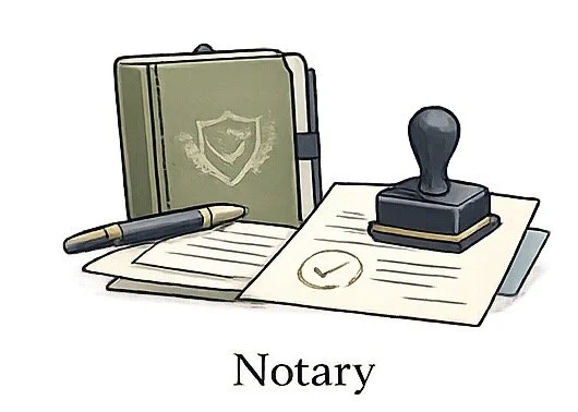 Notary stamp, pen, and documents with a notary emblem.