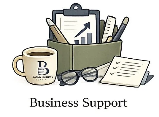 A desk organizer containing a clipboard with a growth chart, pens, a ruler, and a pencil, a cup of coffee, a pair of eyeglasses, and a document, with the words "Business Support" underneath.