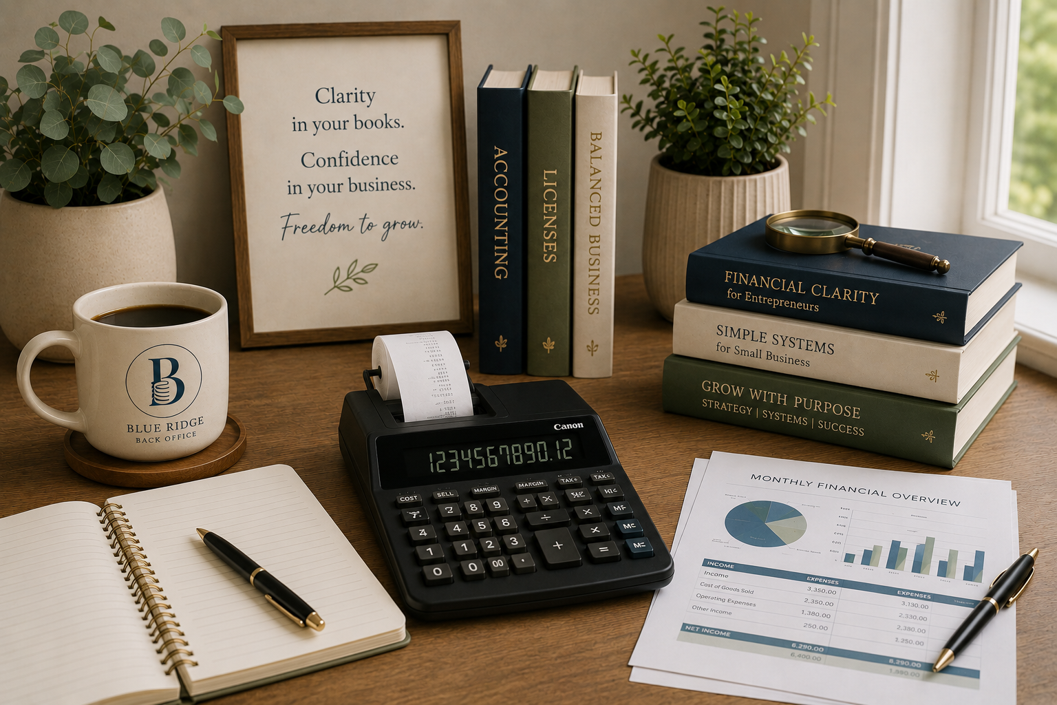 Office desk with financial books, a calculator, a cup of coffee, a notepad, pens, and potted plants, with a framed motivational quote about confidence, clarity, and growth.