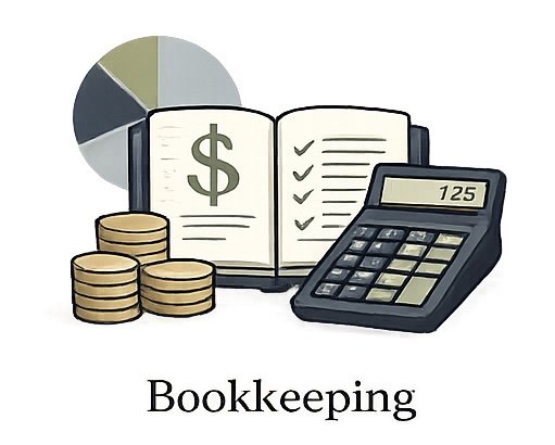 Financial booklets, coins, a calculator, and a pie chart illustrating bookkeeping and accounting concepts.