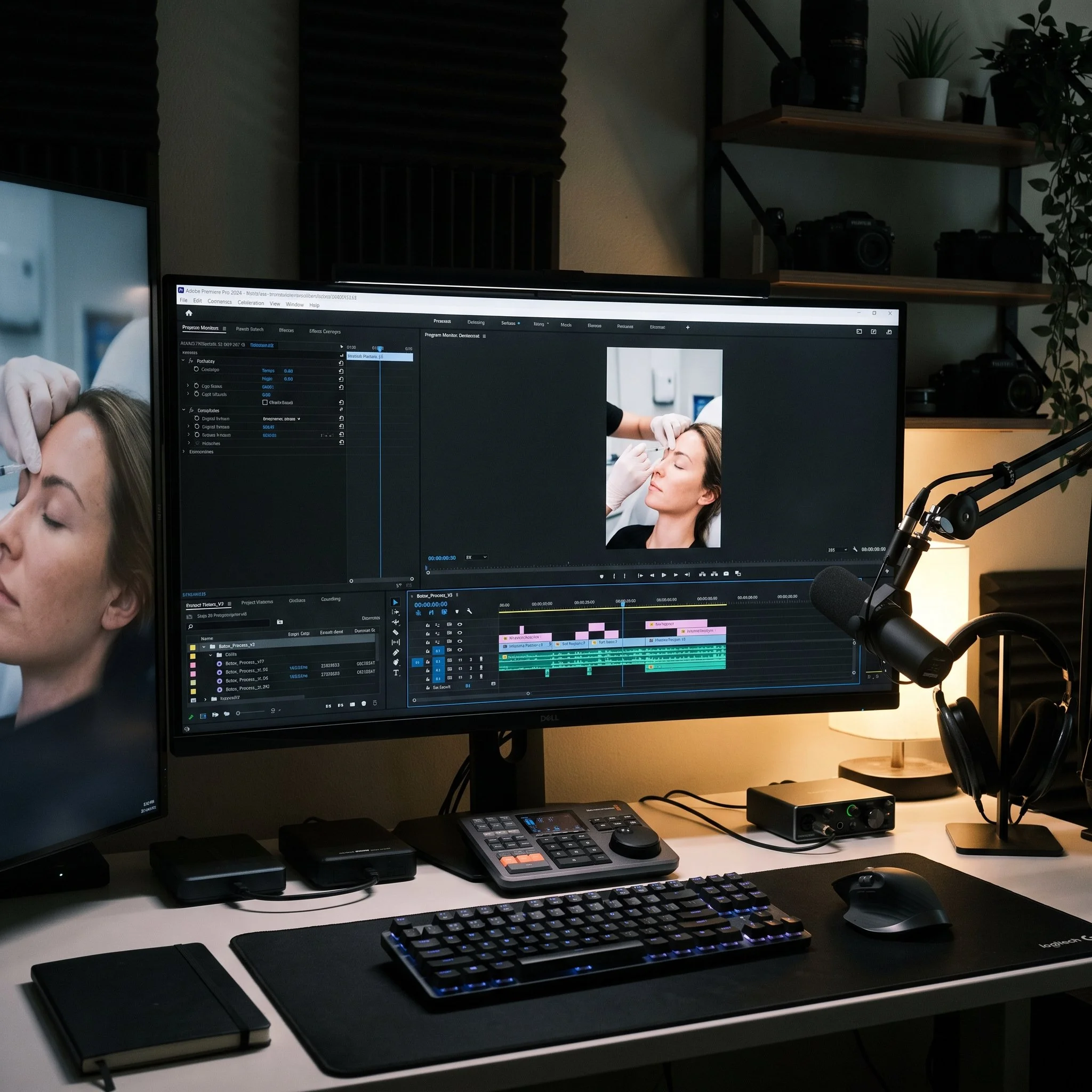 A close-up photo of a computer workspace with dual monitors programming video editing software, a keyboard, a graphics tablet, and a notebook on the desk. In the background, a wall with shelves holding cameras and potted plants is visible.