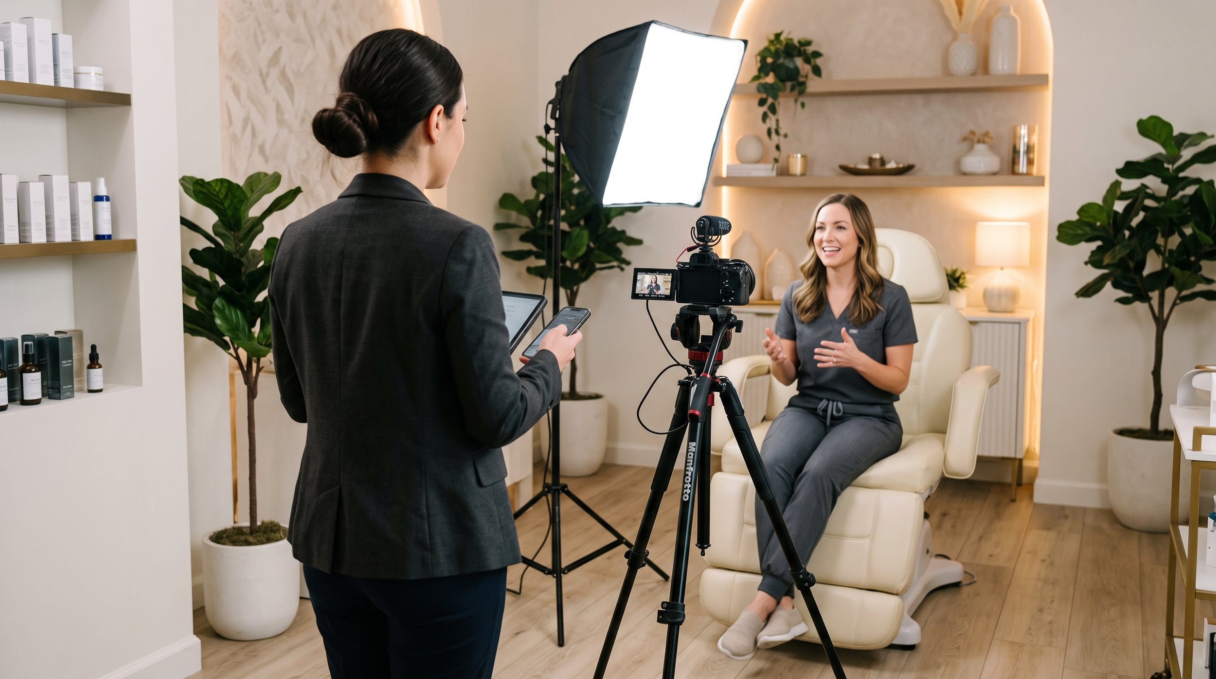 A woman in scrubs sitting on a cream-colored chair, speaking in front of a camera and microphone during an interview or recording session, with a woman in a blazer operating equipment nearby in a cozy, well-lit room.