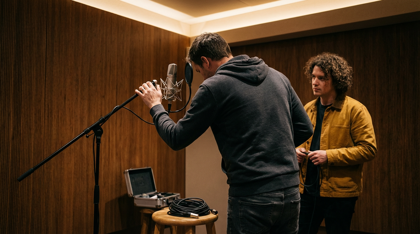 Two men are in a recording studio, one is adjusting a microphone while the other holds cables, with a laptop and studio equipment on a stool.