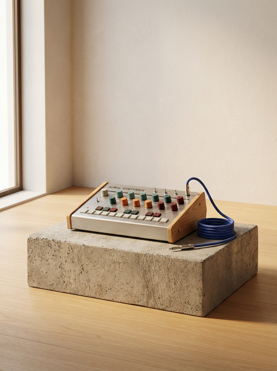Vintage audio synthesizer with colorful knobs and buttons on concrete and wood stand near window.