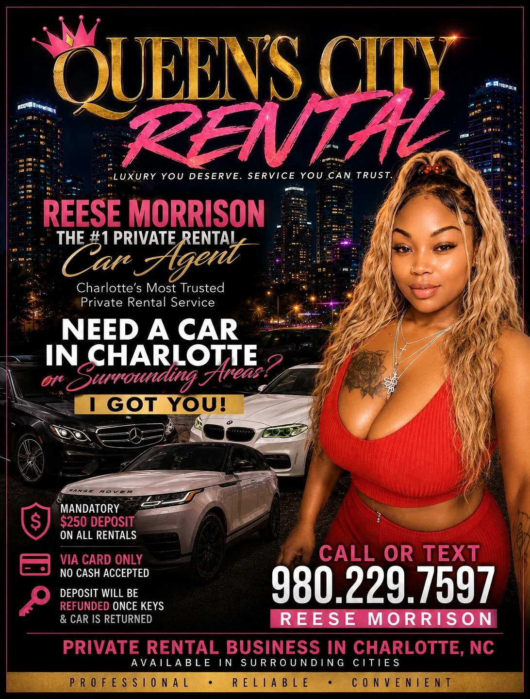 🚘 CHARLOTTE... NEED A RIDE? WE GOT YOU! 👑

Looking for a clean, reliable rental without the hassle? Whether you're traveling, waiting on your vehicle, need a weekend ride, or just want to pull up in style, Queen's City Rental has you covered.

✅ Lu