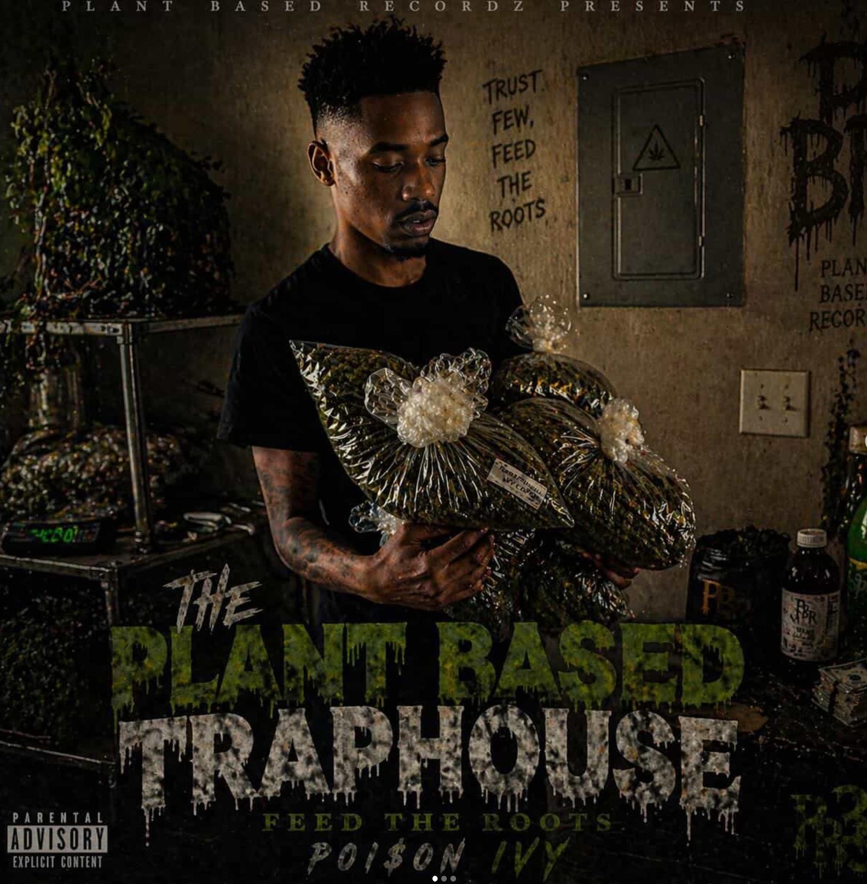 A young man with tattoos on his arms holding several bags of cannabis, standing in front of a wall with graffiti and a warning sign for cannabis. There are plants and a digital scale nearby, and the scene has a dark, gritty atmosphere.