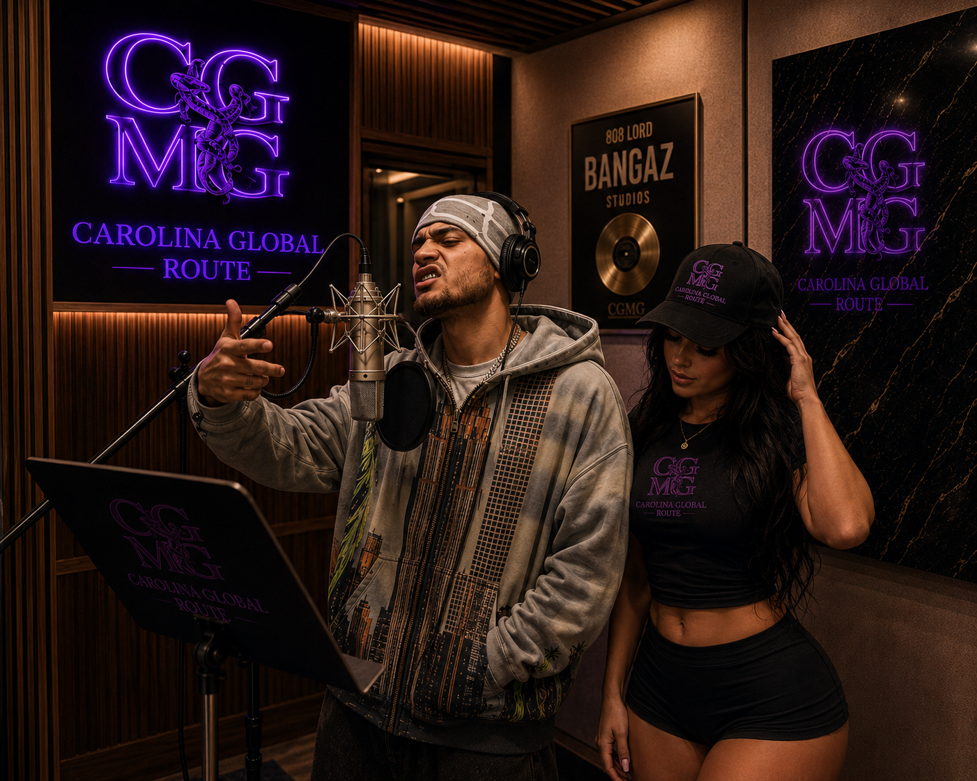 Two artists recording vocals in a studio with signs that read 'Carolina Global Route.'
