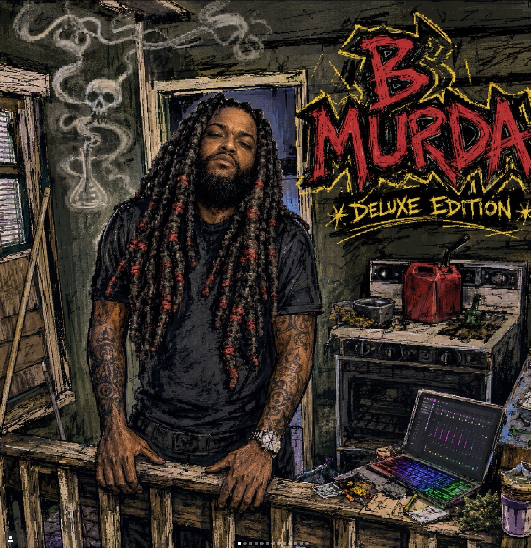 A man with long dreadlocks and tattoos wearing a black shirt standing in a music studio with audio equipment, a laptop with music software, a red speaker, and a neon sign reading 'B MURDA DELUXE EDITION' in the background.