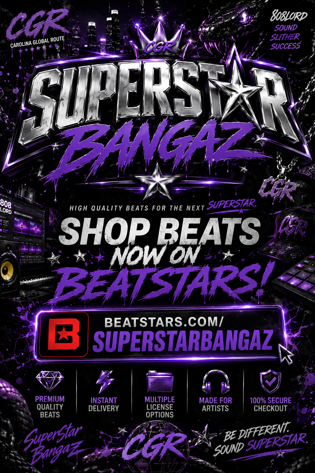 Bright, vibrant promotional poster for BeatStars featuring the brand 'SuperStar Bangaz' with a futuristic, urban design. The poster highlights high-quality beats, instant delivery, multiple license options, and secure checkout. The color scheme is primarily black and purple with metallic and neon effects, showing electronic music equipment, cosmic elements, and various graphics.