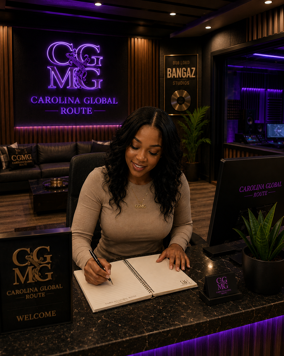 A woman sitting at a reception desk writing in a notepad, with a neon sign behind her that reads 'Carolina Global Route' and a logo with the initials 'CG MG'. The office has dark walls with wooden accents and purple lighting, and there is a black sofa with cushions in the background, along with political or studio plaques.