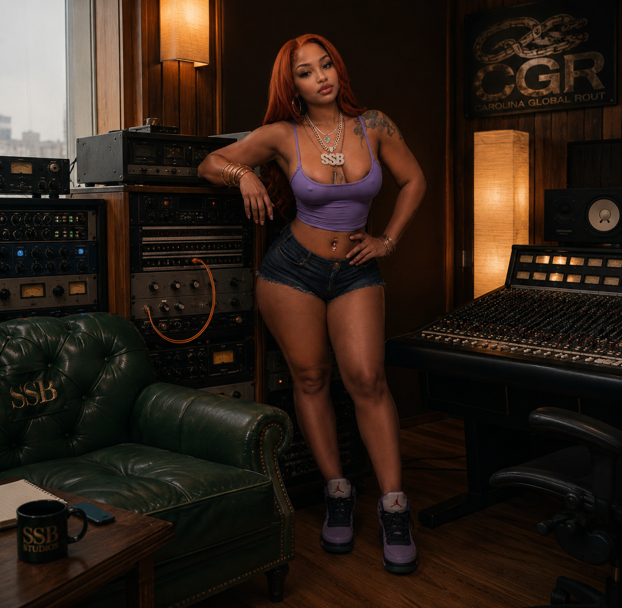 A woman in denim shorts and a purple crop top stands in a recording studio next to audio equipment, with a green leather sofa and a wooden table in the foreground.