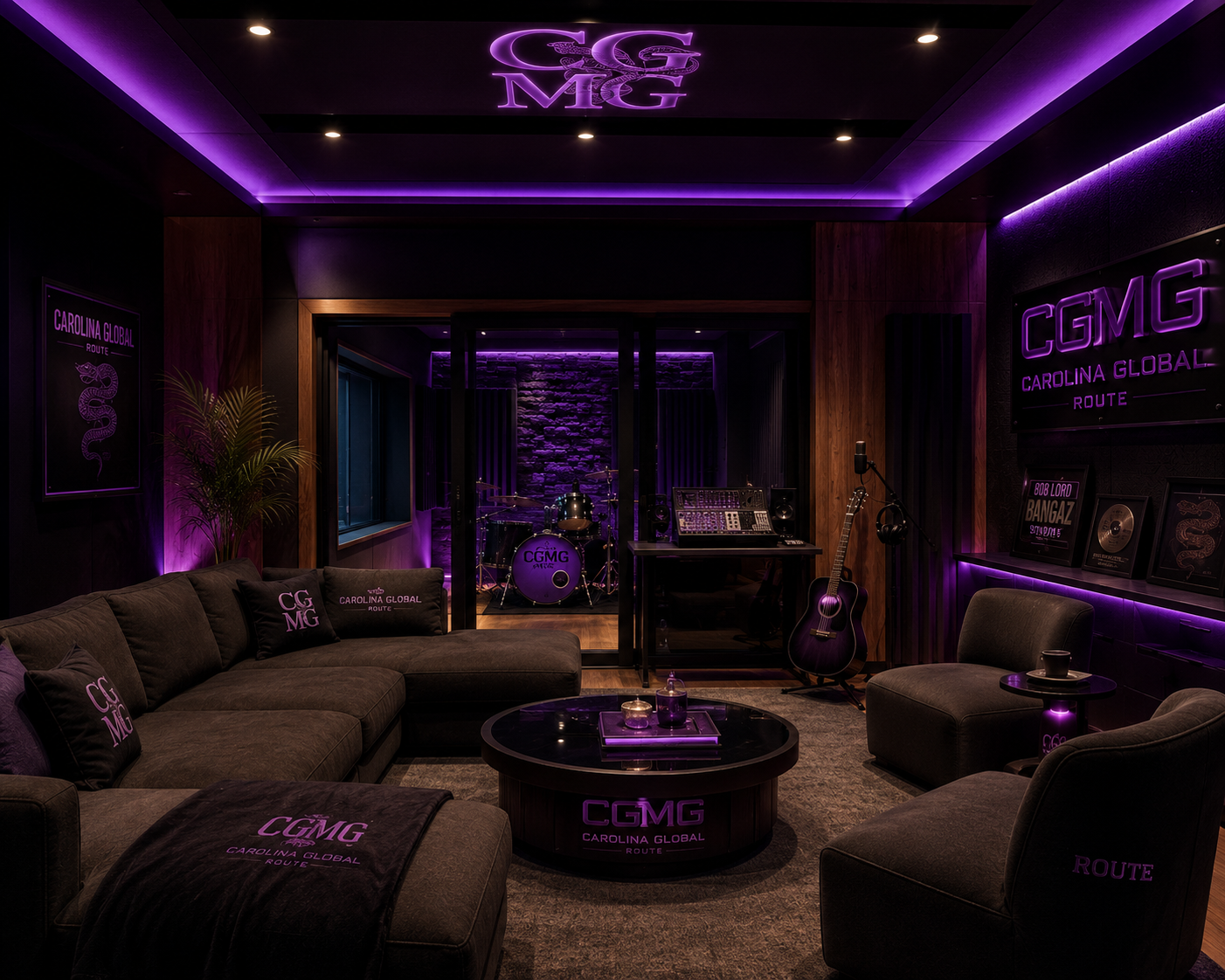 A music recording studio room decorated with purple neon lights, featuring a drum set, an electric guitar, mixing console, and awards, with black walls and a cozy seating area.