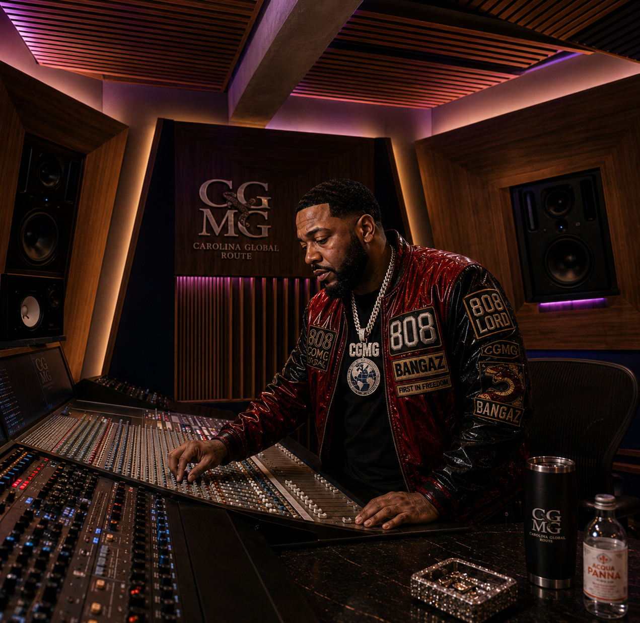 A man in a red and black jacket with patches, including '808' and 'BANGAZ,' working at a sound mixing console in a recording studio with wooden walls and large speakers.
