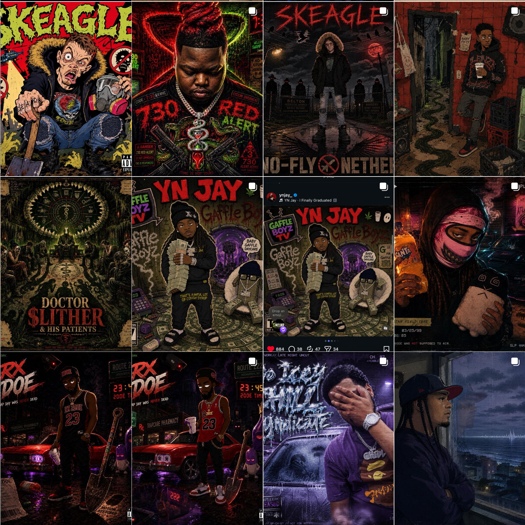 Collage of various urban street art, graffiti, and digital illustrations featuring young men, nighttime city scenes, and themes of rebellion, music, and street culture.