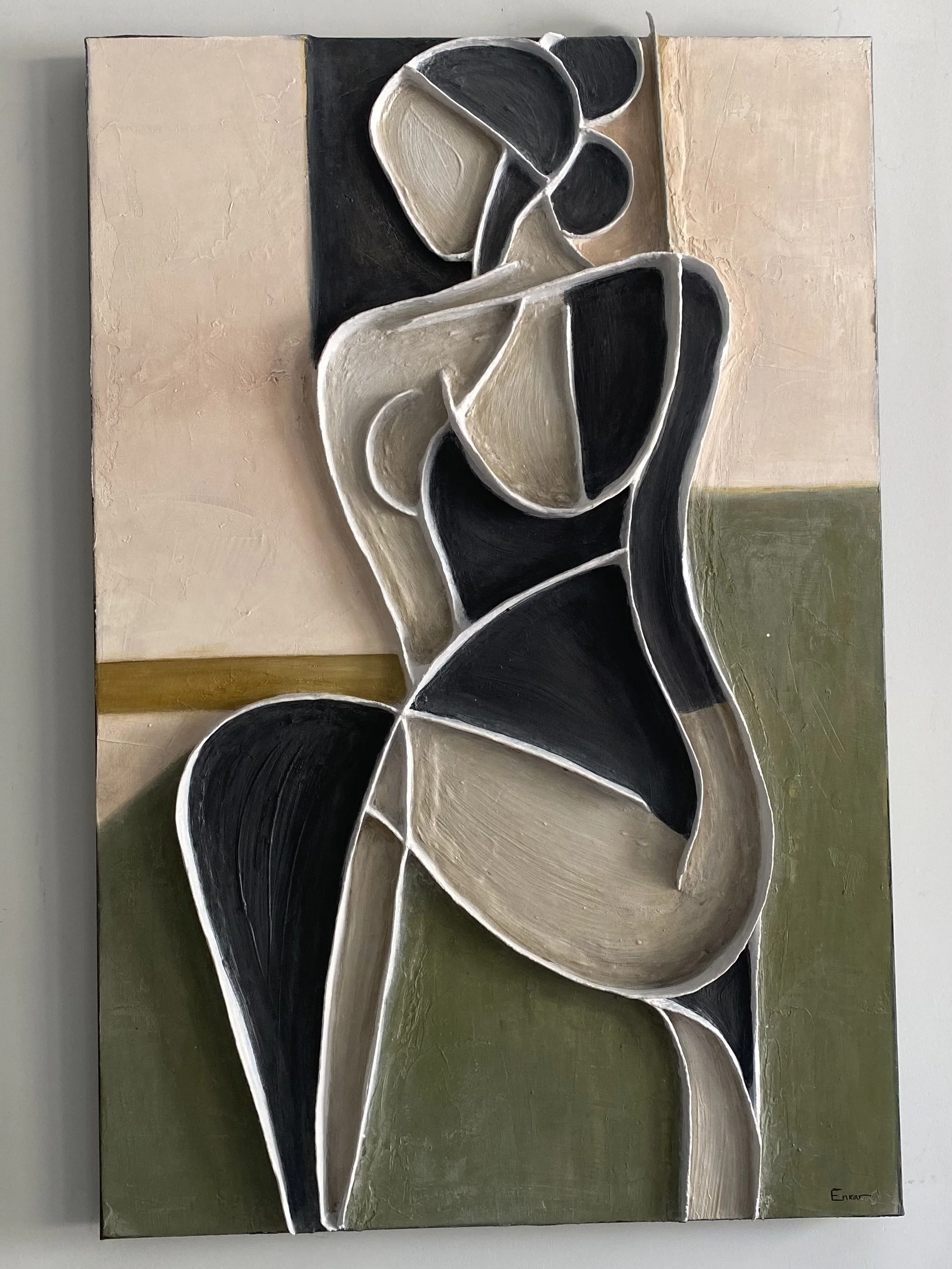 Abstract modern painting of overlapping black, cream, and silver organic shapes on a muted blush and olive-green background