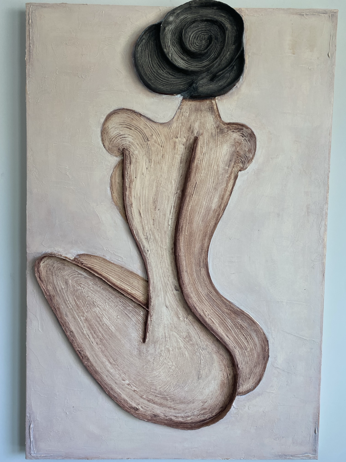 Abstract textured artwork depicting a stylized figure with a black spiral head and elongated tan body on a neutral canvas
