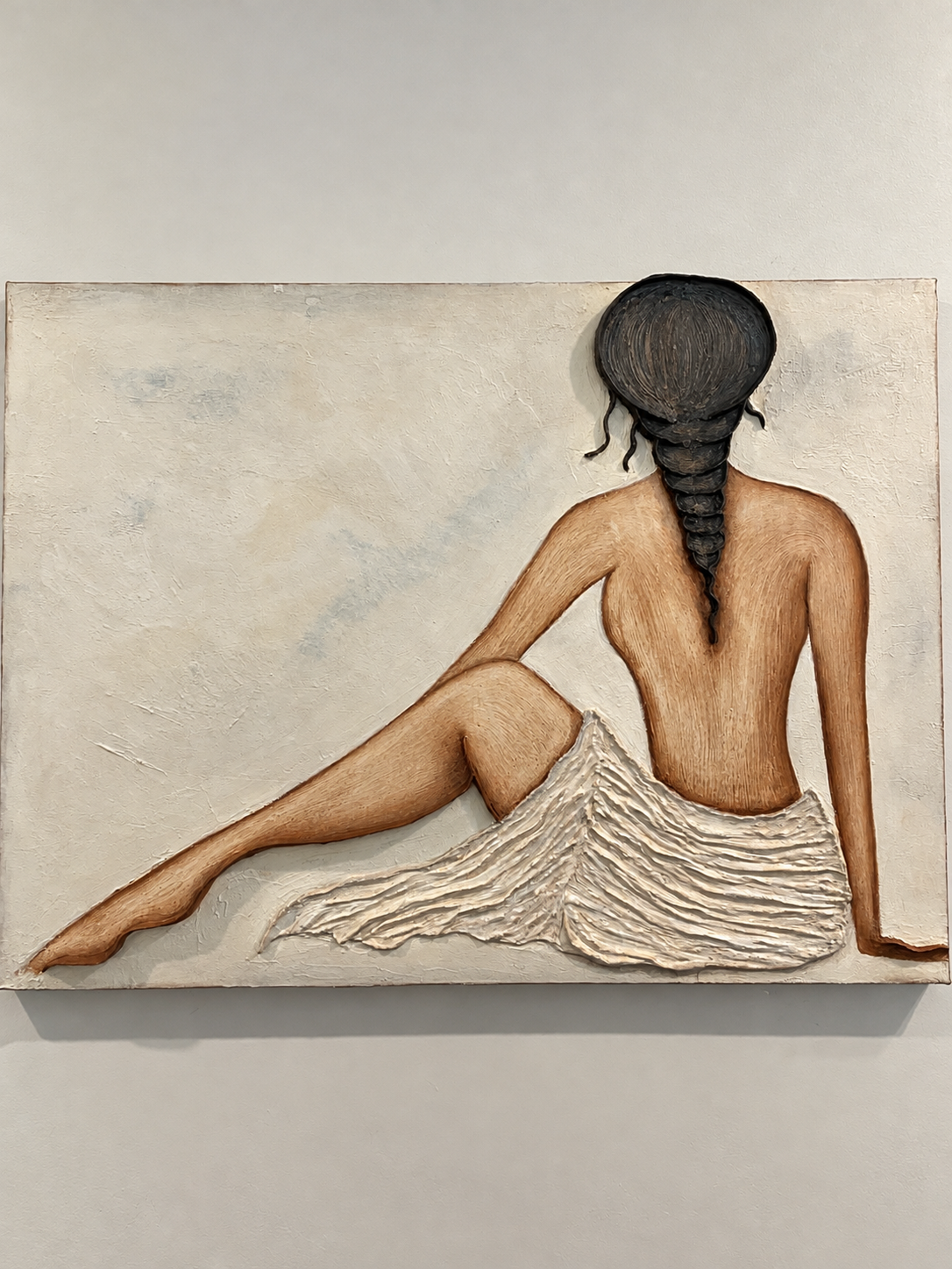Textured painting of a woman with braided hair sitting in profile, draped in a flowing white skirt.