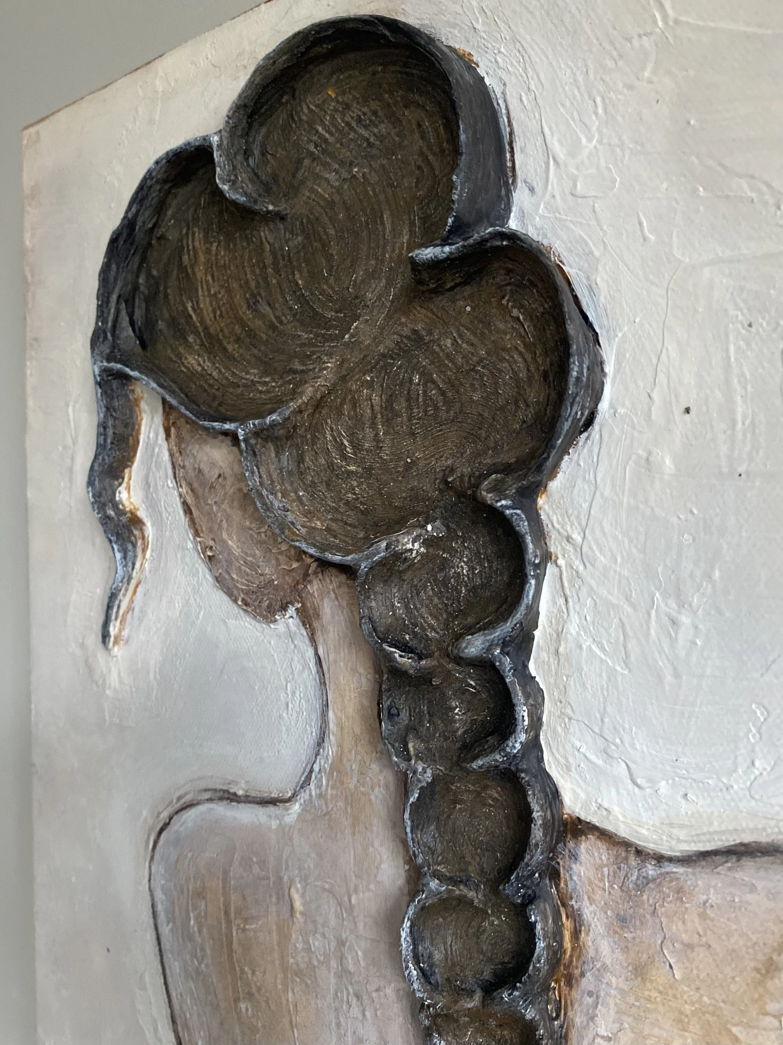 Close-up of a dark brown wasp nest attached to a textured white wall.