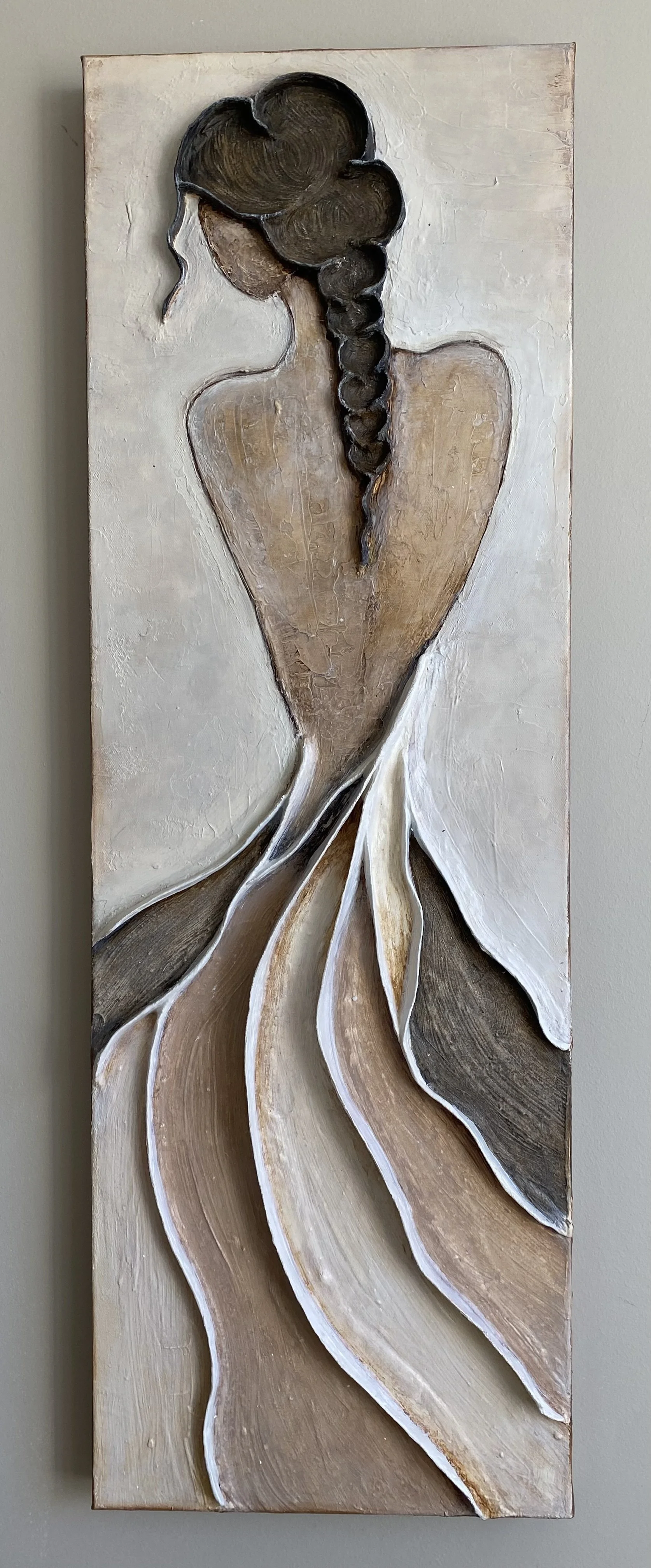 Textured mixed-media painting of a stylized brown mushroom with a dark cap and long stem, surrounded by flowing cream and brown shapes.