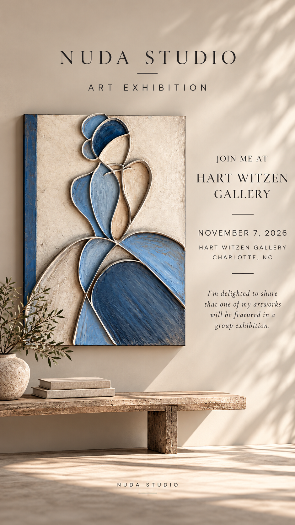 Nuda Studio art exhibition invitation featuring a blue and cream abstract painting, Hart Witzen Gallery in Charlotte, North Carolina, November 7, 2026