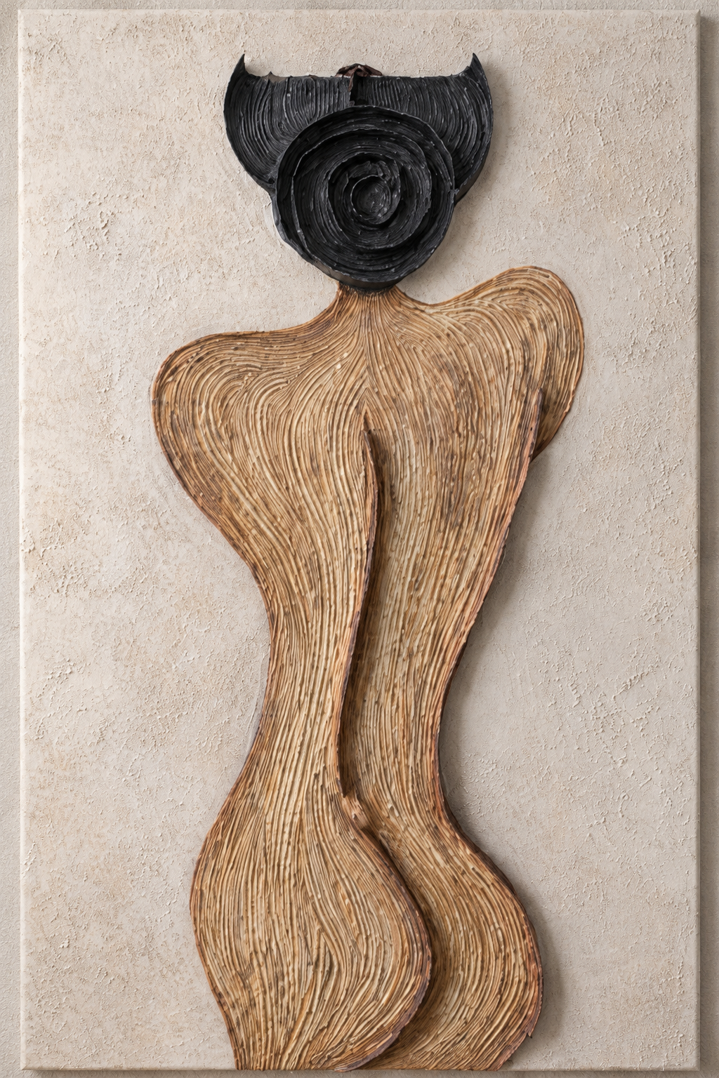 Textured wall art depicting a stylized mermaid with a black spiral shell headpiece and flowing wood-grain tail on a beige background