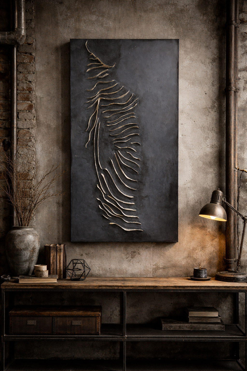 Industrial-style interior with a large black fish skeleton artwork, rustic console table, books, vase, and desk lamp