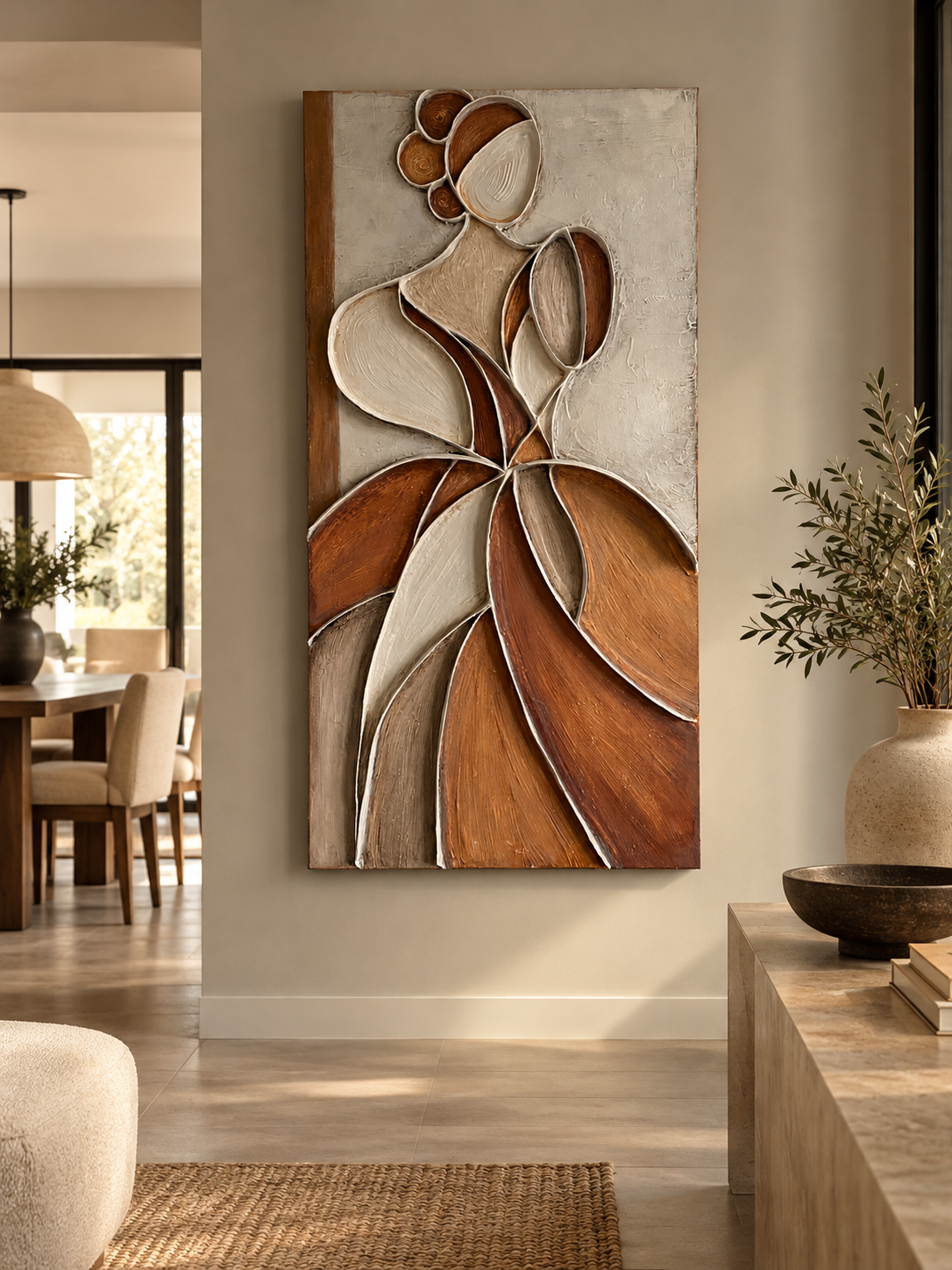 Abstract brown and cream floral relief wall art in a modern neutral-toned living room