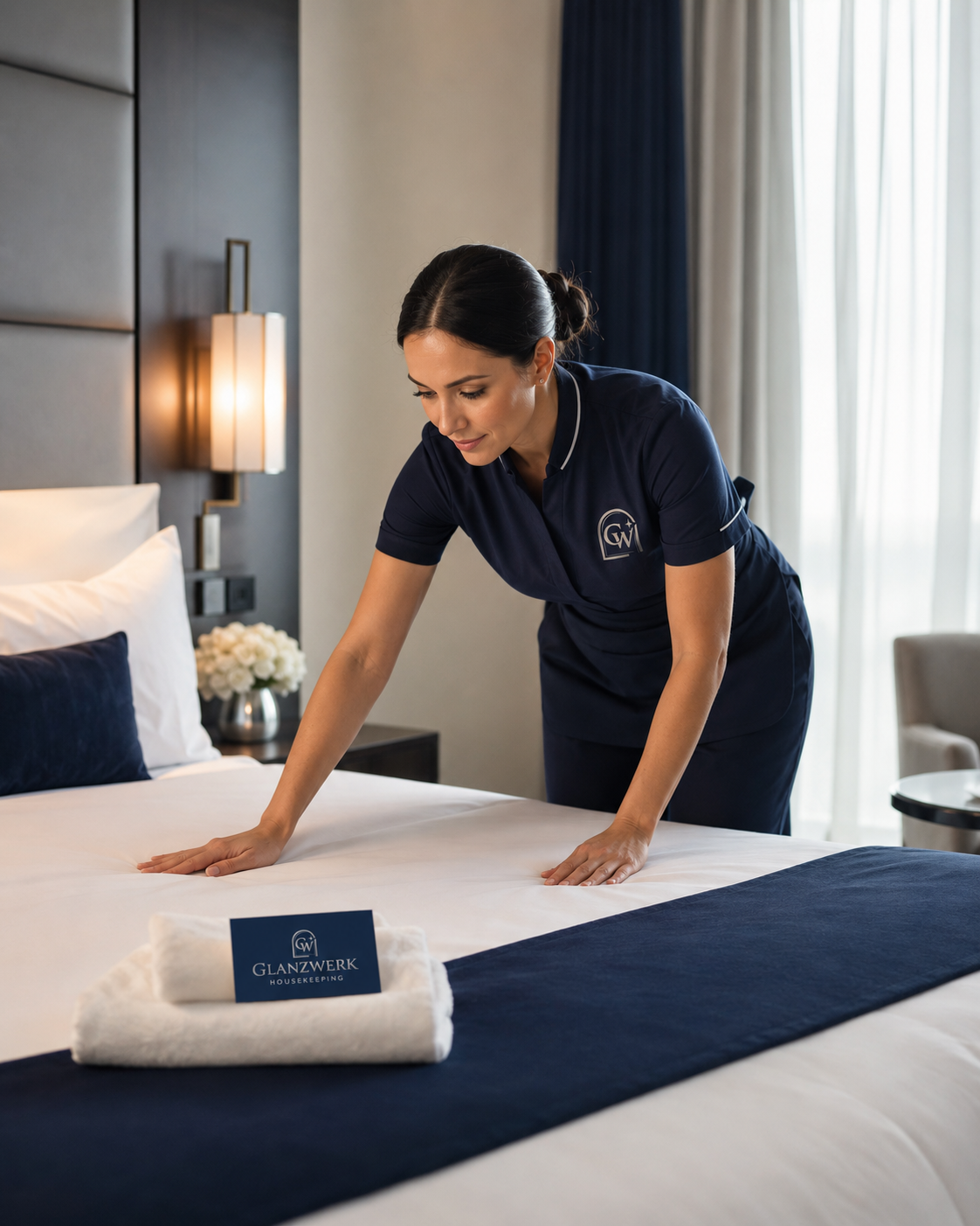 Mitarbeiterin von Glanzwerk Housekeeping bereitet ein Hotelbett professionell für den nächsten Gast vor.