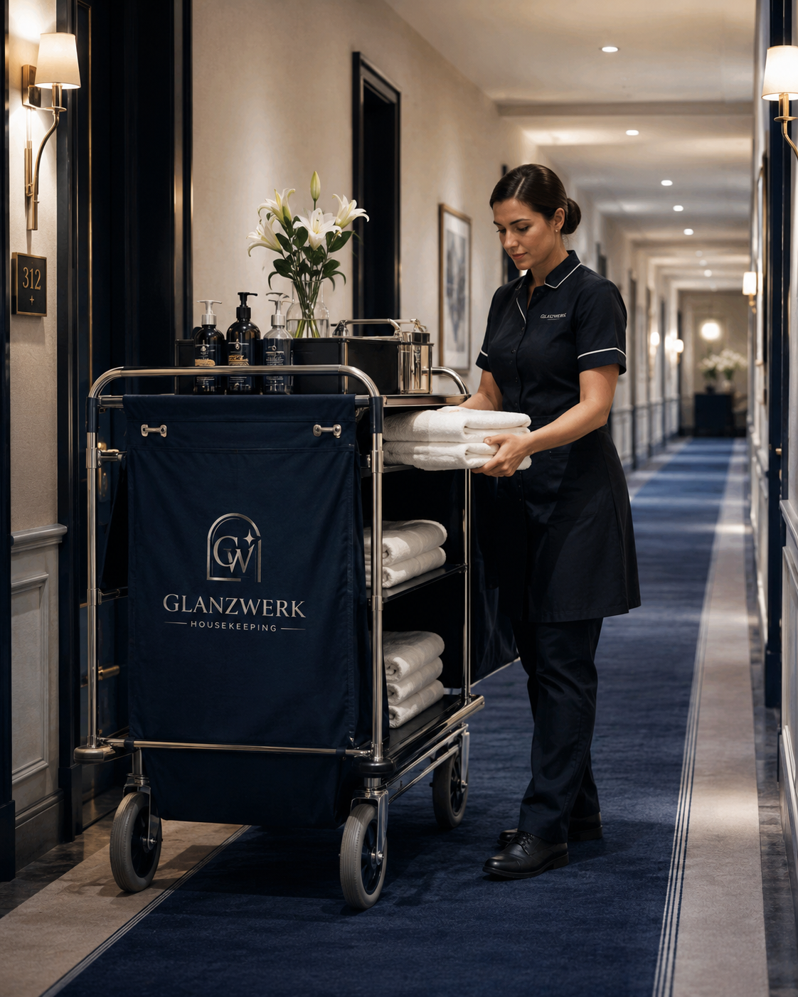 Mitarbeiterin von Glanzwerk Housekeeping mit Housekeeping-Wagen und frischen Handtüchern in einem gepflegten Hotelflur.