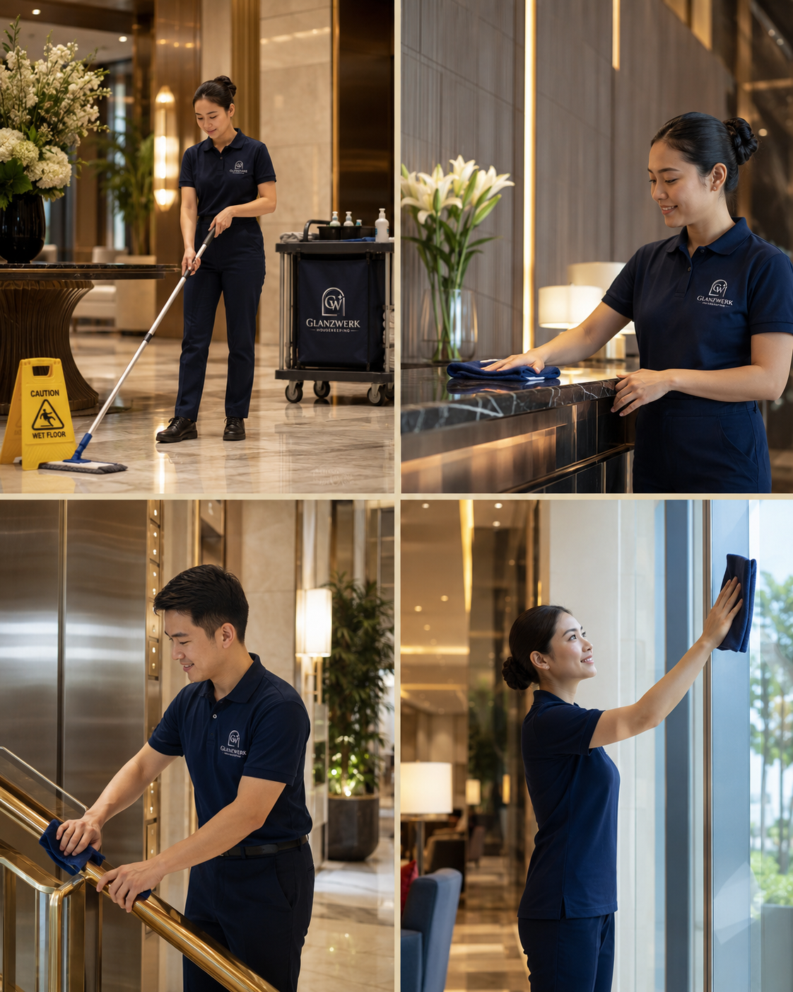 Glanzwerk Housekeeping Team bei der professionellen Gebäudereinigung mit Boden-, Oberflächen-, Treppen- und Glasreinigung in modernen Innenbereichen.