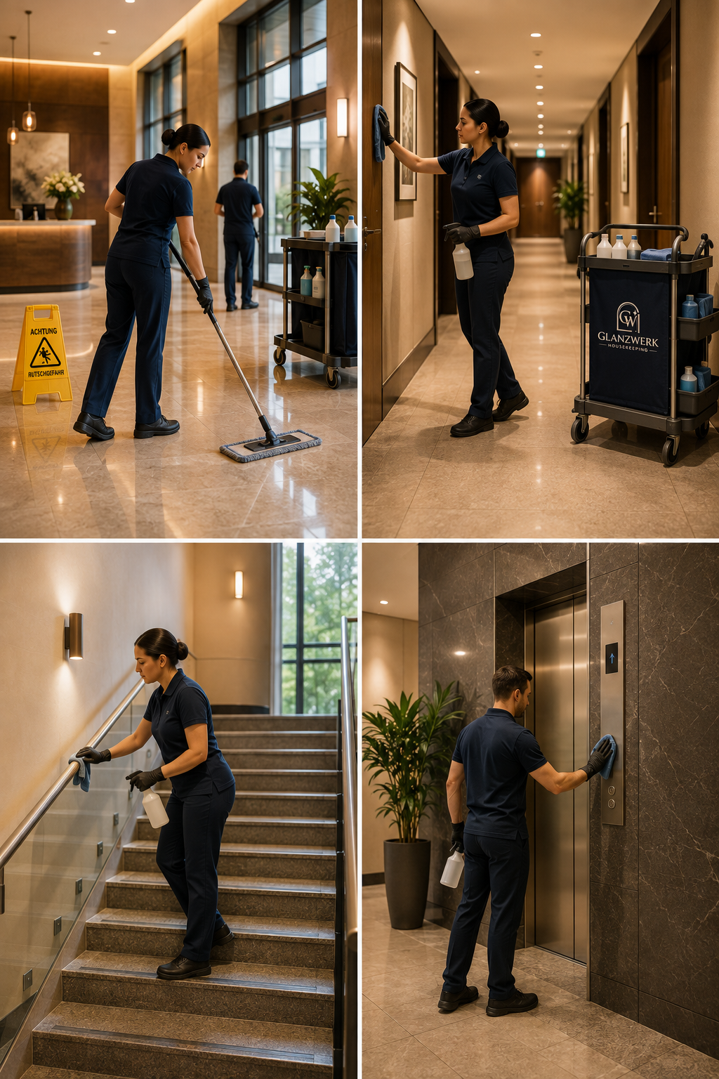 Glanzwerk Housekeeping bei der Reinigung von Treppenhaus, Handläufen und Aufzugsflächen.