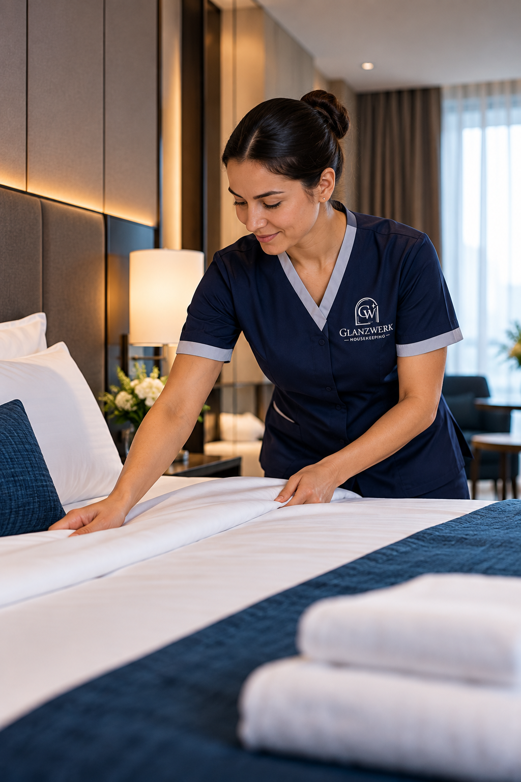 Mitarbeiterin von Glanzwerk Housekeeping bei der Zimmerreinigung in einem Hotel