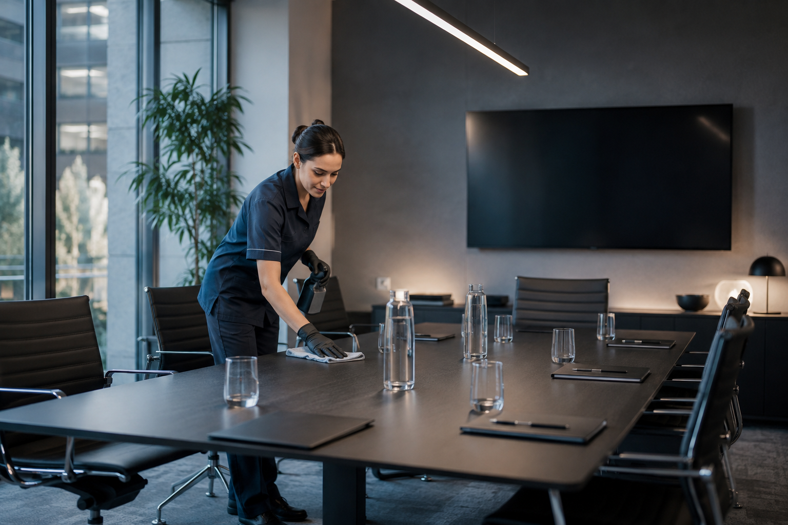 Mitarbeiterin bei der professionellen Reinigung eines Konferenzraums mit großem Besprechungstisch und moderner Büroausstattung.