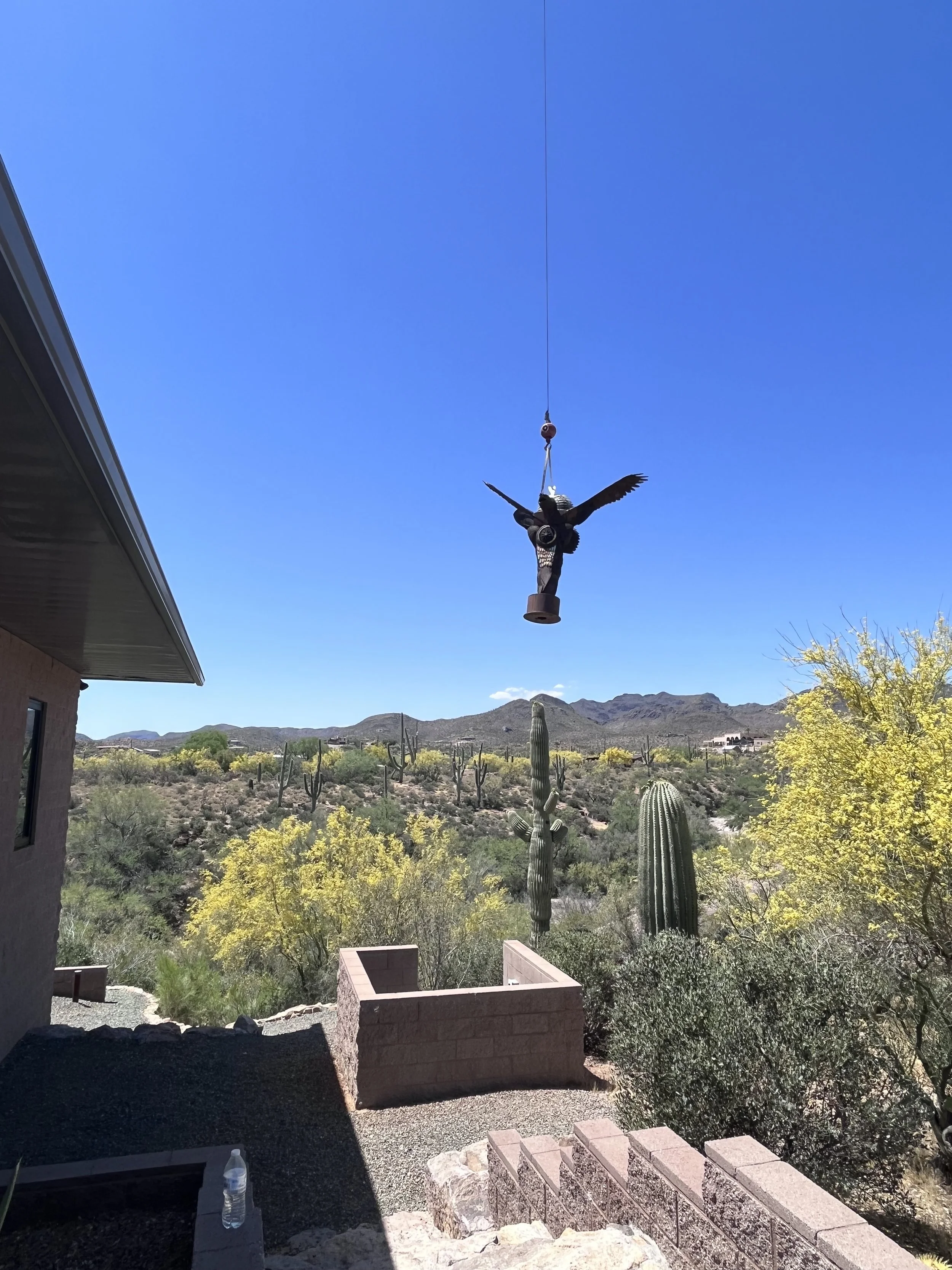Bird feeder hanging from a wire outdoors against a clear blue sky, with desert landscape and mountains in the background.