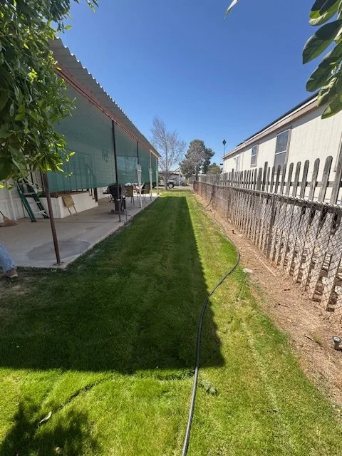 A backyard with a green lawn, a fence on the right, and a house on the left with a patio area shaded by an umbrella.