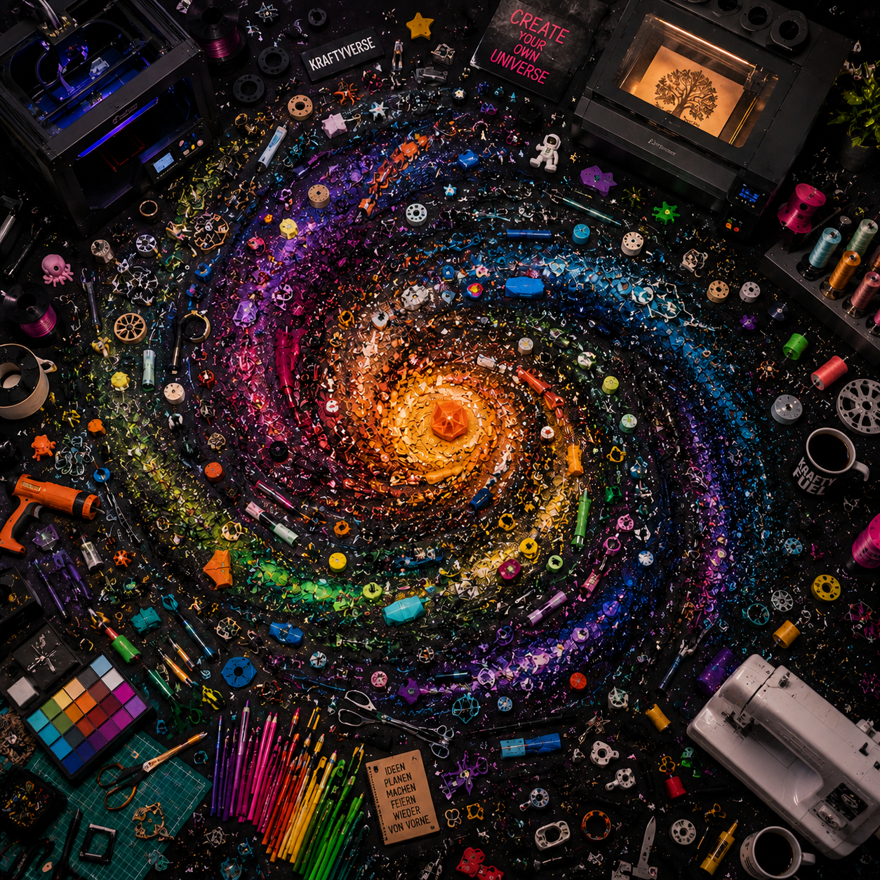 Ein kreativer Arbeitsplatz mit einer spiralförmigen Farbpalette in der Mitte, umgeben von Bastelmaterialien, 3D-Druckern, Farben und Werkzeugen in einem chaotischen Layout.