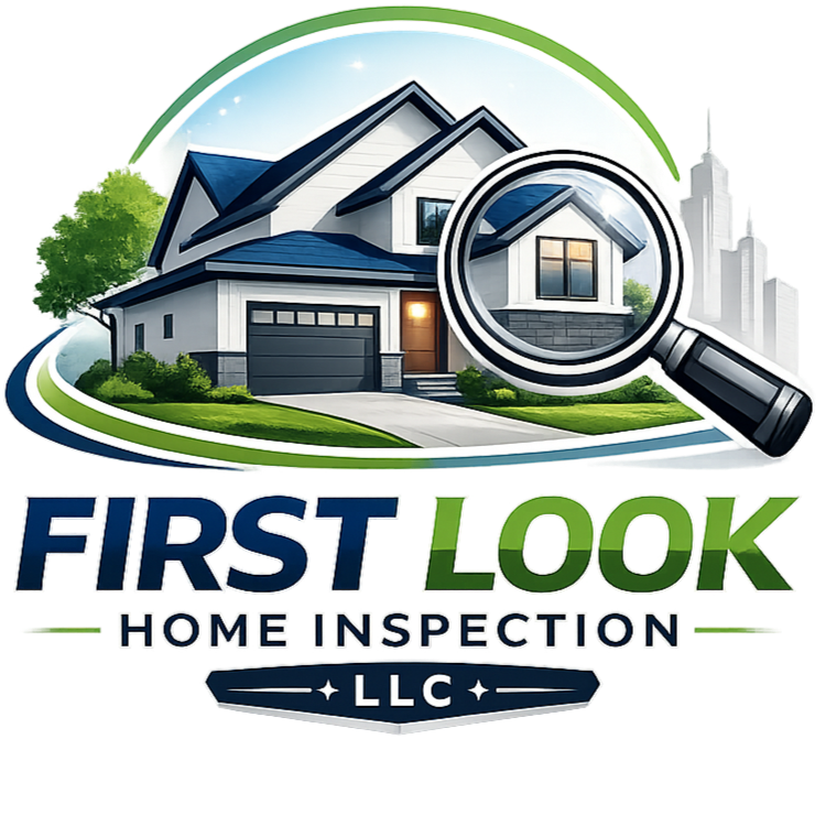 Logo for First Look Home Inspection LLC featuring a house, a magnifying glass over the house, a city skyline, and text.