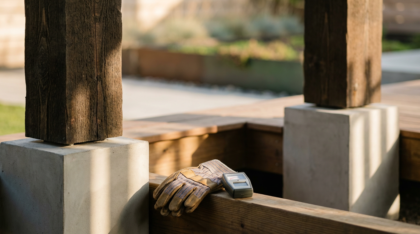 Work gloves and a handheld device resting on a wooden beam at an outdoor construction site with concrete supports and wooden posts.