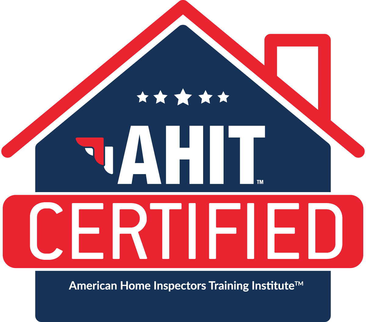 A badge with a house outline in red, blue background, stars, and text reading 'AHI Certified' and 'American Home Inspectors Training Institute'.