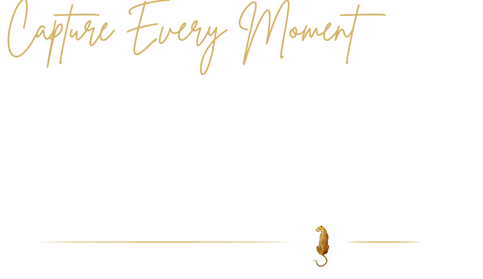 Inspirational graphic with the quote "Capture Every Moment, Elevate The Experience" in elegant fonts, featuring a small illustration of a giraffe at the bottom center on a black background.
