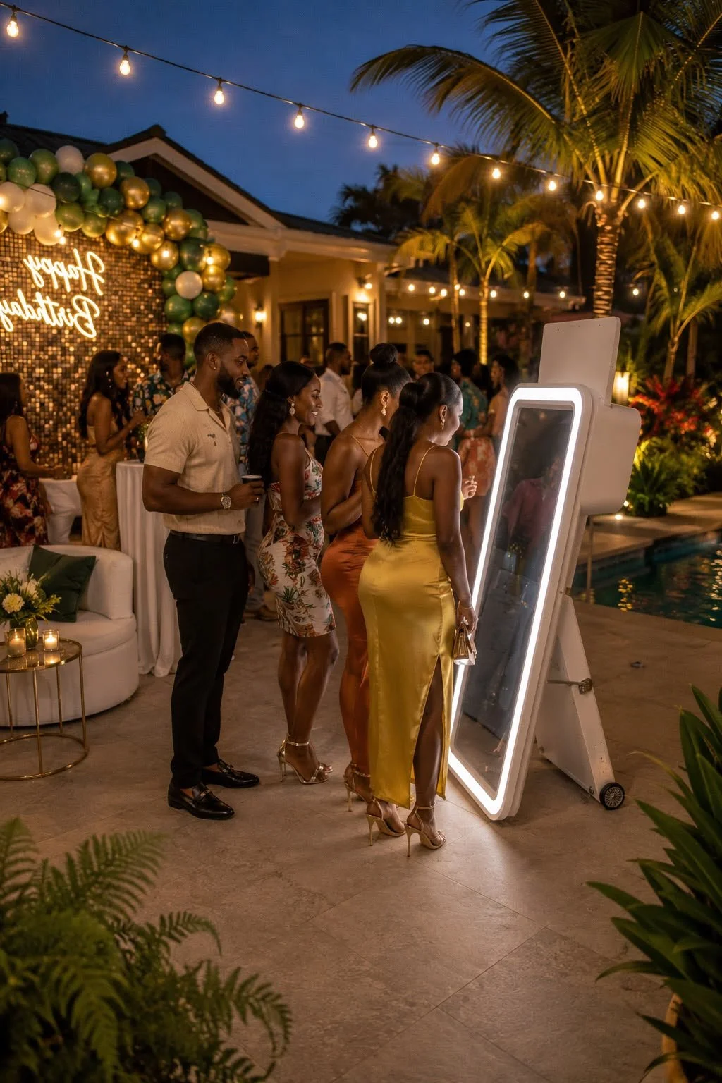 People at a party event taking photos in a photo booth